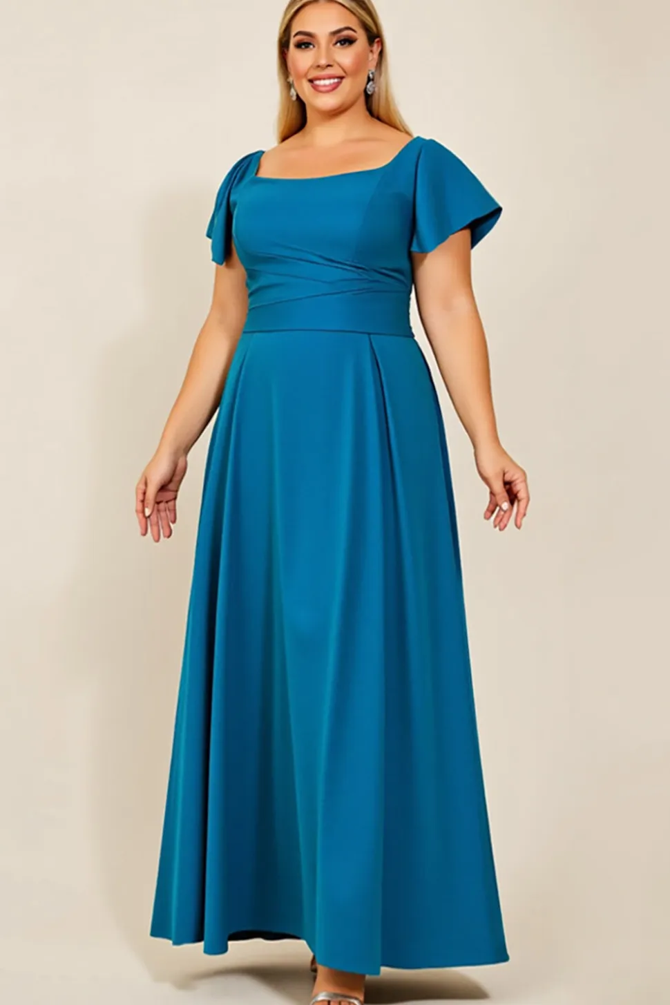 Vestido Mae Noiva Pavão Azul Pescoço Quadrado Cetim Tamanhos Grandes Longo