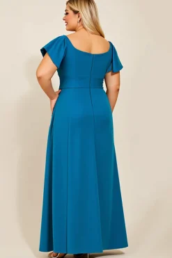 Vestido Mae Noiva Pavão Azul Pescoço Quadrado Cetim Tamanhos Grandes Longo