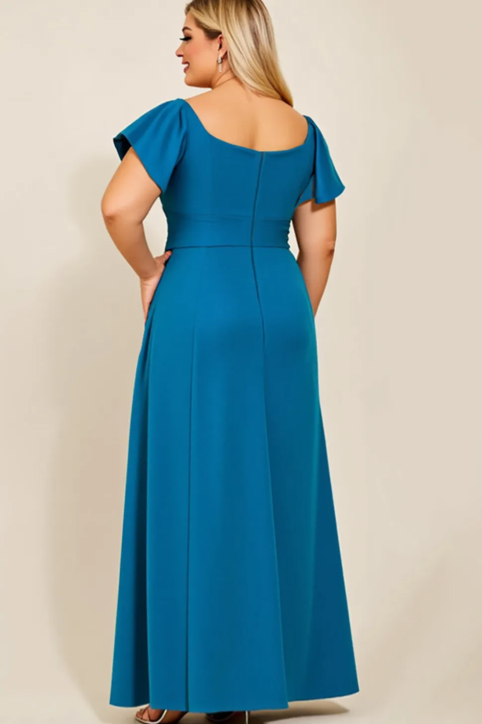 Vestido Mae Noiva Pavão Azul Pescoço Quadrado Cetim Tamanhos Grandes Longo