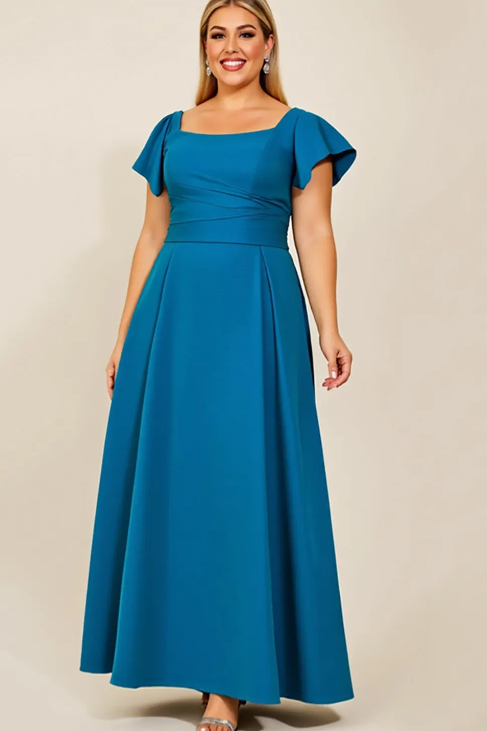 Vestido Mae Noiva Pavão Azul Pescoço Quadrado Cetim Tamanhos Grandes Longo