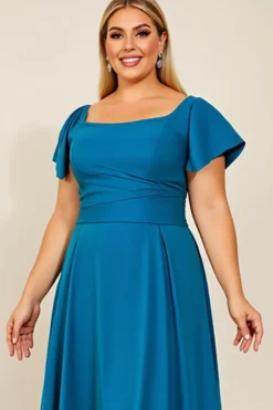 Vestido Mae Noiva Pavão Azul Pescoço Quadrado Cetim Tamanhos Grandes Longo
