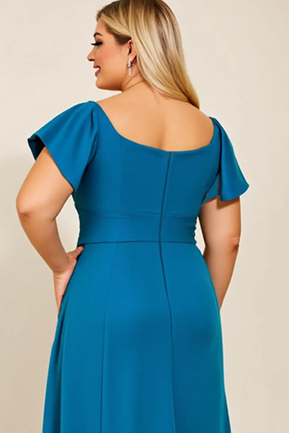Vestido Mae Noiva Pavão Azul Pescoço Quadrado Cetim Tamanhos Grandes Longo