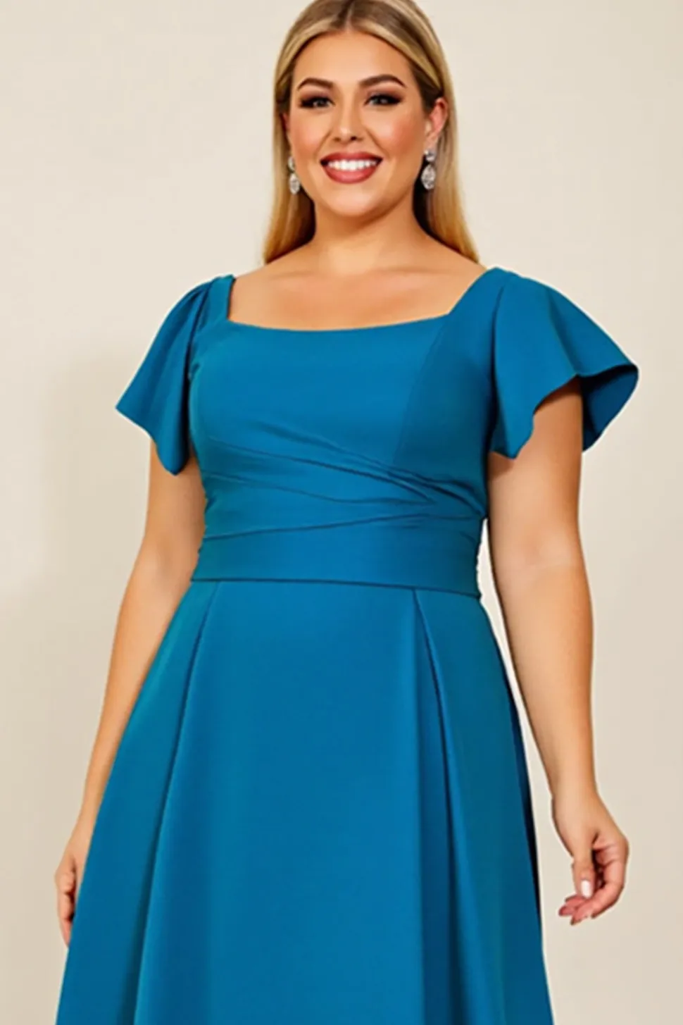 Vestido Mae Noiva Pavão Azul Pescoço Quadrado Cetim Tamanhos Grandes Longo