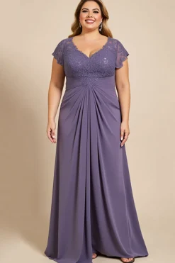 Vestido Mae Noivacom Renda Decote em V Cinzento Roxo Bainha Chiffon Tamanhos Grandes