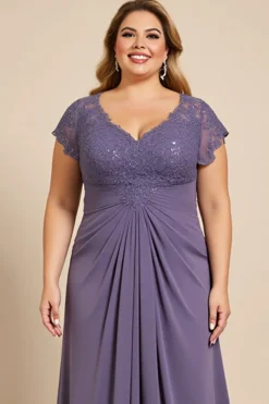 Vestido Mae Noivacom Renda Decote em V Cinzento Roxo Bainha Chiffon Tamanhos Grandes