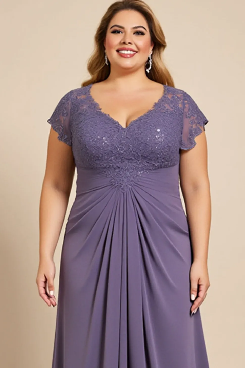 Vestido Mae Noivacom Renda Decote em V Cinzento Roxo Bainha Chiffon Tamanhos Grandes