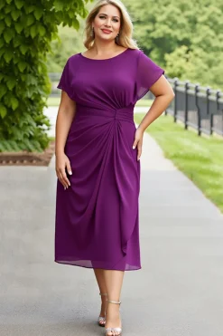 Vestido Mãe da Noiva Roxo Bainha Chiffon Midi Tamanhos Grandes Ruched
