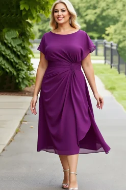 Vestido Mãe da Noiva Roxo Bainha Chiffon Midi Tamanhos Grandes Ruched