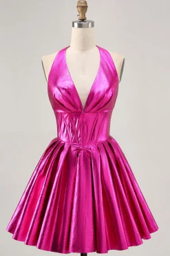 Vestido metálico Fuchsia Halter plissado Homecoming