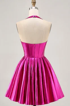Vestido metálico Fuchsia Halter plissado Homecoming