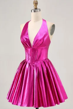 Vestido metálico Fuchsia Halter plissado Homecoming
