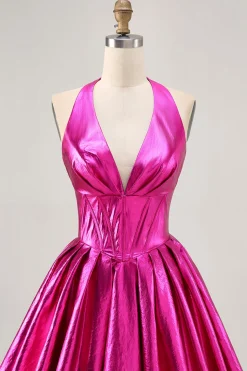 Vestido metálico Fuchsia Halter plissado Homecoming