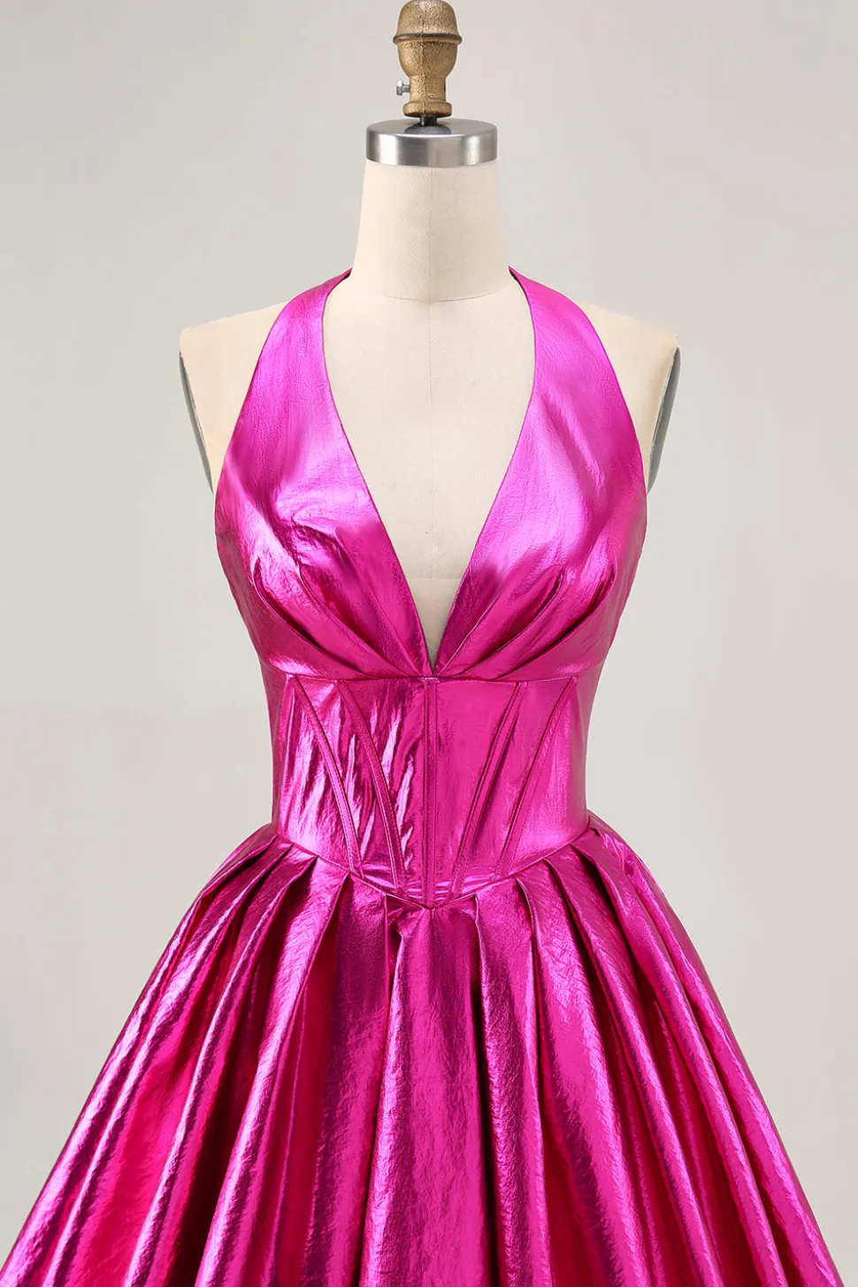 Vestido metálico Fuchsia Halter plissado Homecoming