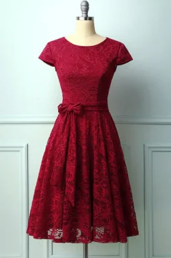 Vestido Midi de Renda Vermelho Escuro