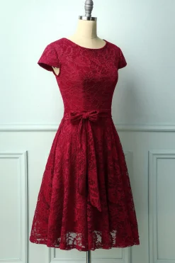 Vestido Midi de Renda Vermelho Escuro