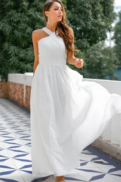 Vestido plissado com decote em v