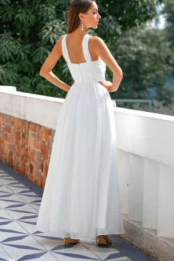 Vestido plissado com decote em v