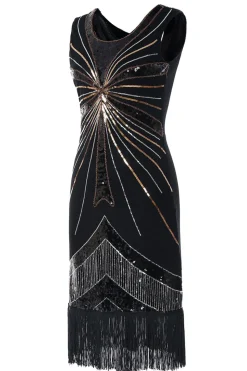 Vestido preto com franja de lantejoulas dos anos 1920