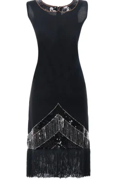 Vestido preto com franja de lantejoulas dos anos 1920