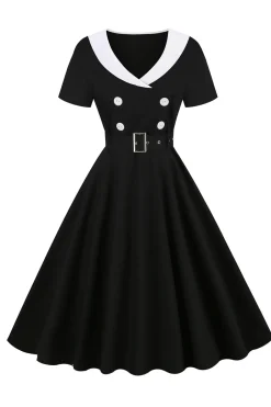 Vestido preto de balanço dos anos 50 com cinto