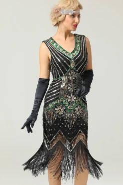 Vestido preto de franja de 1920 com franja