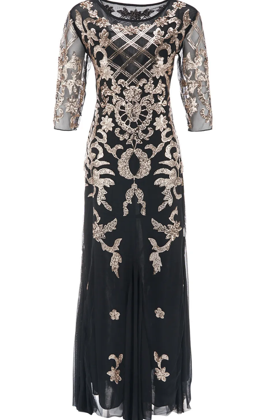 Vestido preto de lantejoulas douradas de 1920