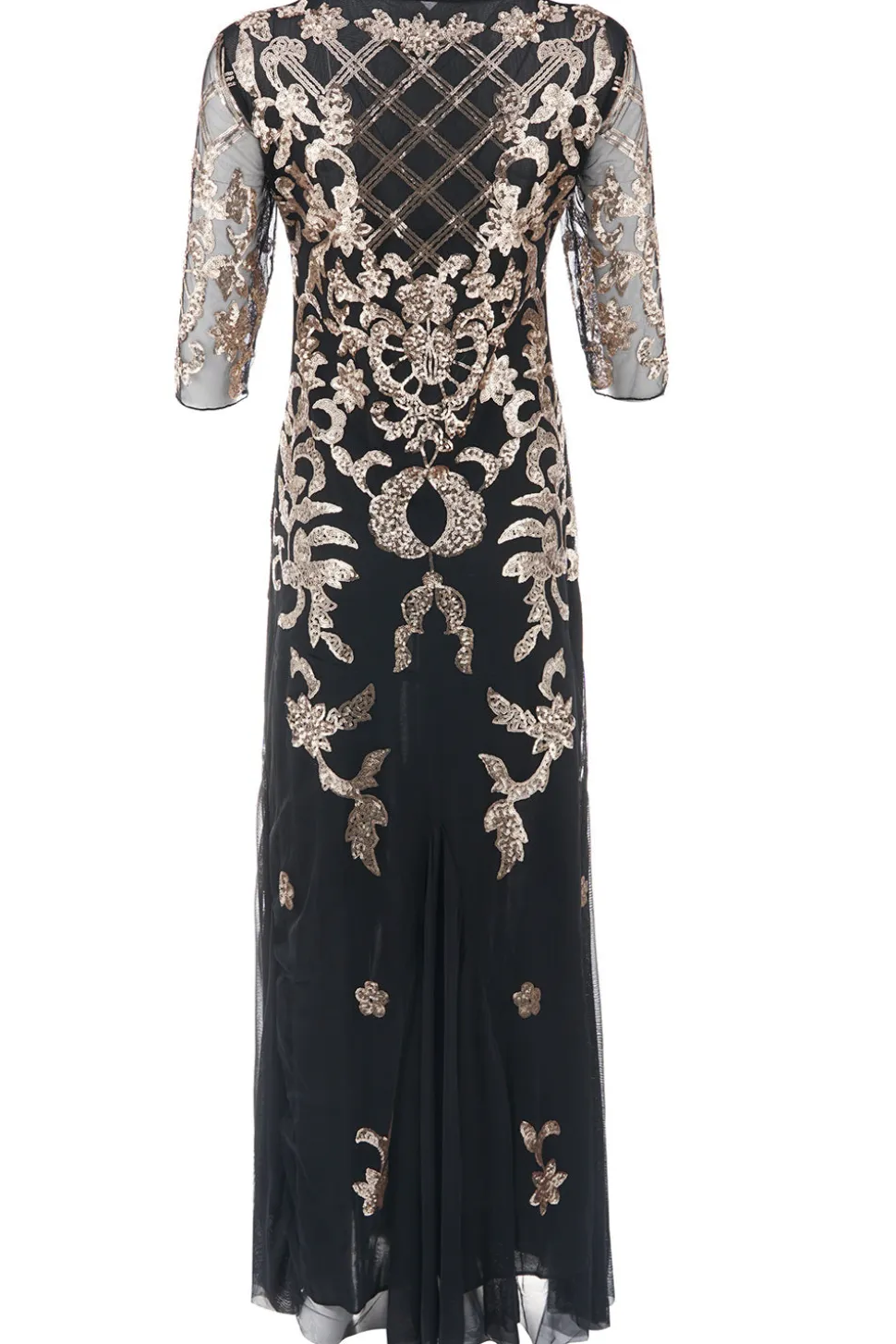 Vestido preto de lantejoulas douradas de 1920