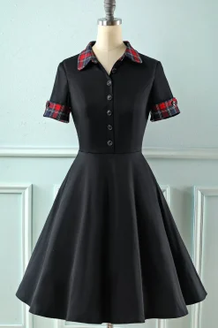 Vestido preto de lapel neck plaid vintage 1950