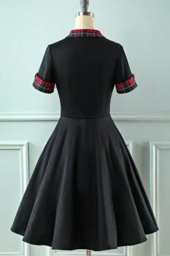 Vestido preto de lapel neck plaid vintage 1950