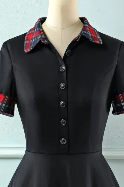 Vestido preto de lapel neck plaid vintage 1950