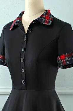 Vestido preto de lapel neck plaid vintage 1950