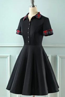 Vestido preto de lapel neck plaid vintage 1950