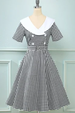Vestido preto plaid Flare Vintage 1950s
