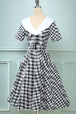 Vestido preto plaid Flare Vintage 1950s