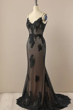 Vestido preto v pescoço beaded prom