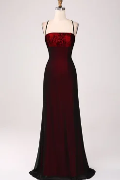 Vestido preto vermelho da bainha da dama de honra com renda-up para trás