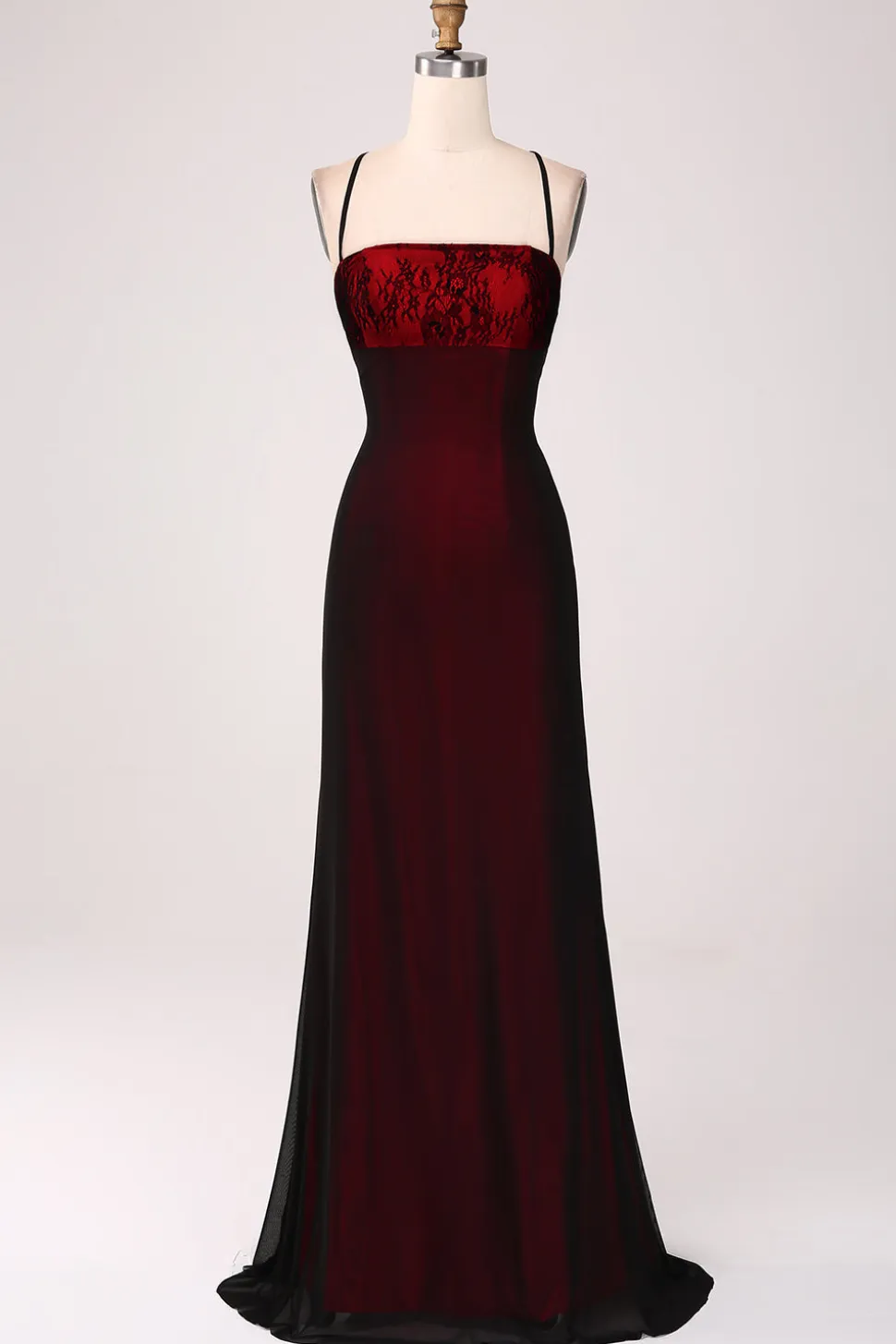 Vestido preto vermelho da bainha da dama de honra com renda-up para trás
