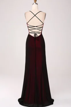 Vestido preto vermelho da bainha da dama de honra com renda-up para trás