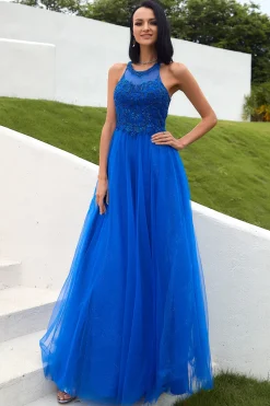 Vestido real azul tulle prom com apliques