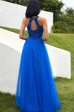 Vestido real azul tulle prom com apliques