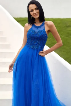 Vestido real azul tulle prom com apliques
