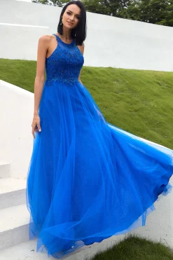 Vestido real azul tulle prom com apliques