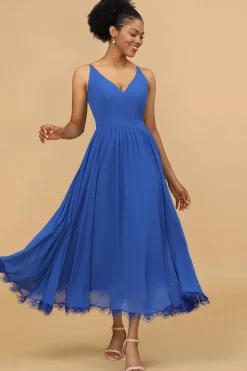 Vestido real de dama de honra de chiffon azul-v-pescoço
