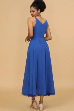 Vestido real de dama de honra de chiffon azul-v-pescoço