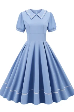 Vestido Retro Azul Mangas Curtas