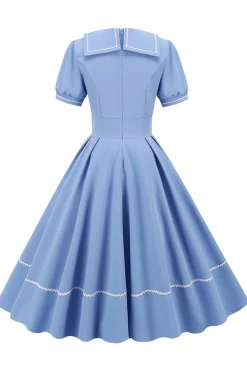 Vestido Retro Azul Mangas Curtas