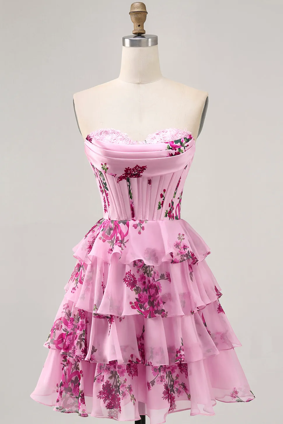 Vestido Rosa Decote Em Coração Espartilho Mini Vestido Cocktail