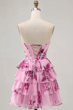 Vestido Rosa Decote Em Coração Espartilho Mini Vestido Cocktail