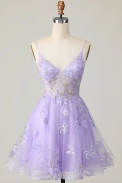 Vestido roxo A Line Tulle Homecoming com apliques