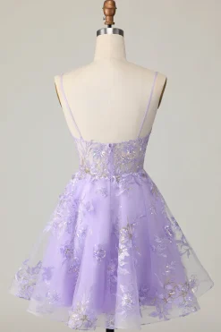 Vestido roxo A Line Tulle Homecoming com apliques